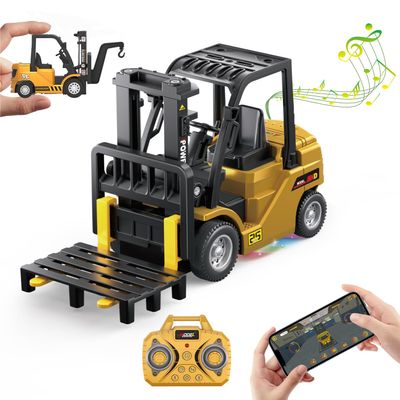 Funwins 1/64 RC Forklift Toy,Mini Forklift Remote Control & Phone App Controled,2-in-1 Transformable Lift Fork & Hook,10CH Alloy RC Construction Vehicles With Lights & Sounds,Toy Gift for Teens,Adults