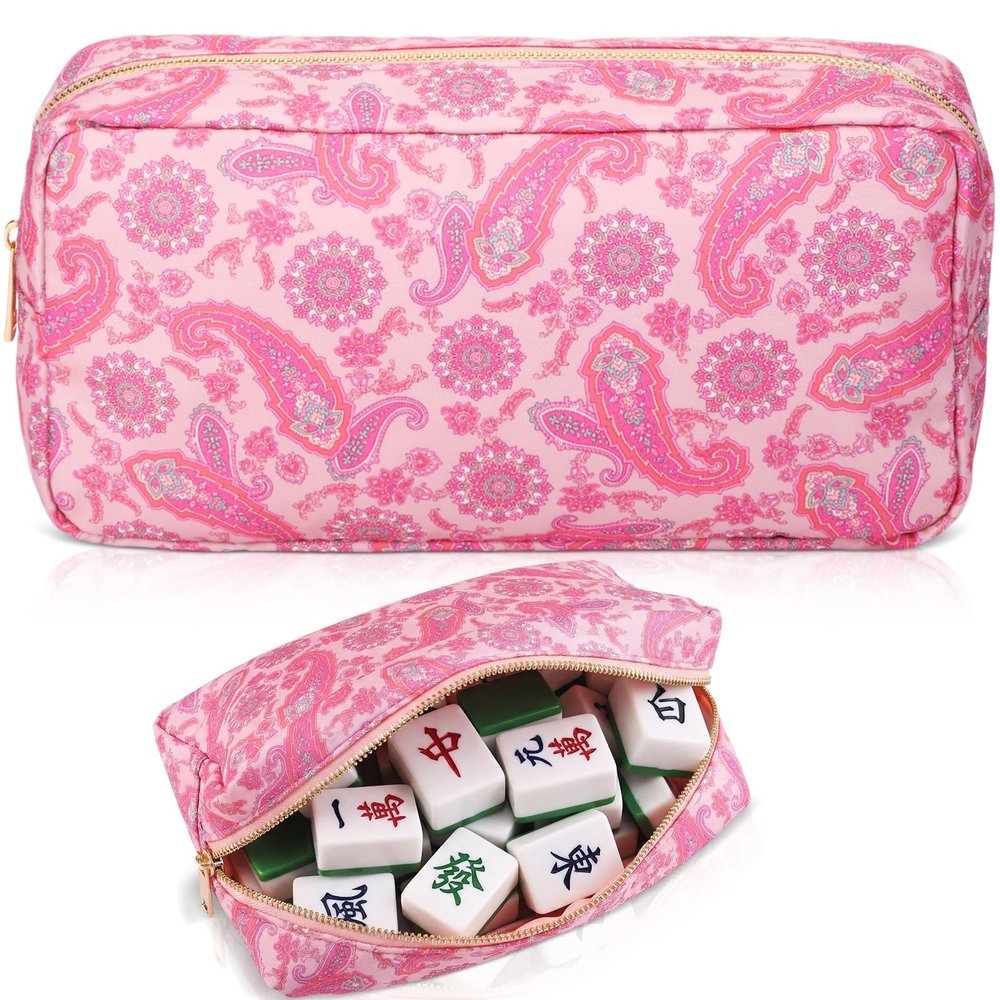Acellegic Empty Mahjong Tiles Bag Thickened American Mahjong Tiles Bag with Zipper Board Game Storage Pouch Pieces Game Case for Travel Gatherings Party Accessories, 10.4 x 5.6 x 3.4 Inch(Pink)