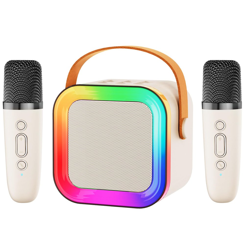 Kids Karaoke Machine Toy Ages 3-12, 2 Wireless Mics BT Speaker, Cream