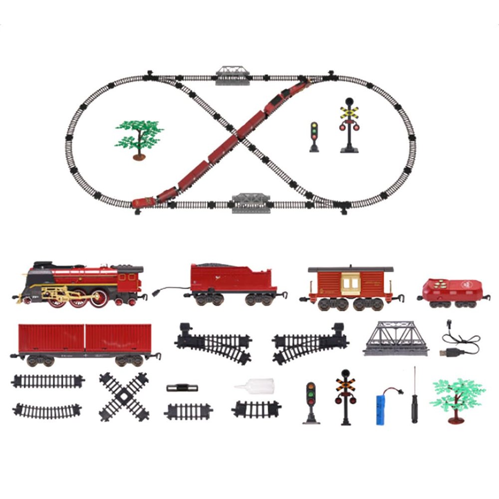Christmas Train Set with Light, Steam & Smoke, Vintage Electric Locomotive Oval Track Model Train with Carriage Holiday Christmas Model Train Gift Around The Tree