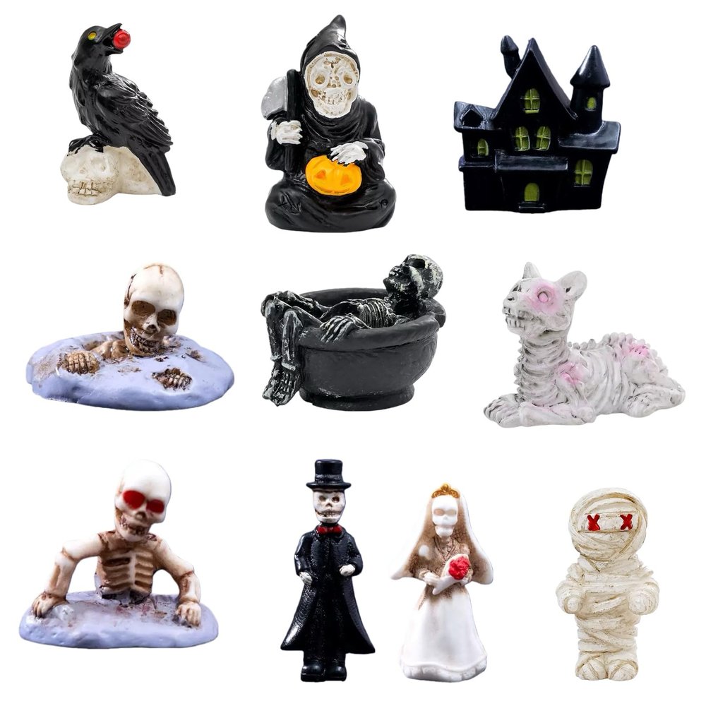 10pcs Halloween mini Skull Figurines Set, Spooky Garden Resin Statues with Mini Pumpkins for Car Interior Dashboard Decor, Desktop Display, Party Gifts, Dollhouse Arrangement