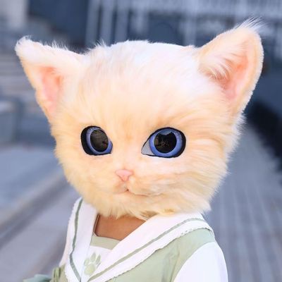 Realistic Cat Head Fursuit Mask, White and Gray Plush Costume with Blue Eyes, Professional Cosplay Mascot (7)