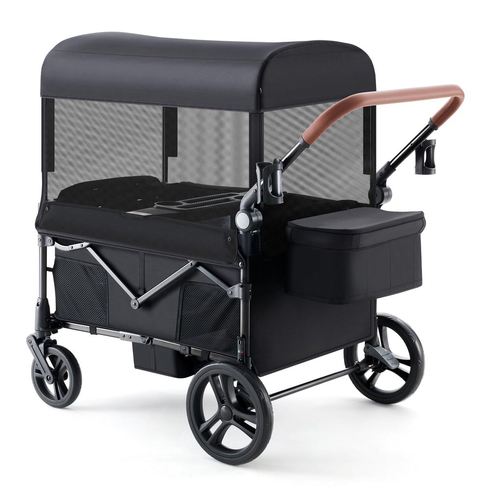 Harppa Wagon Stroller for 4 Kids, Foldable 4-Seater Stroller Wagon with Canopy & Snack Tray, All-Terrain 11" Wheels, 200Ibs Capacity,Perfect for Beach,Zoo,Family Outings Toddler Growing Families
