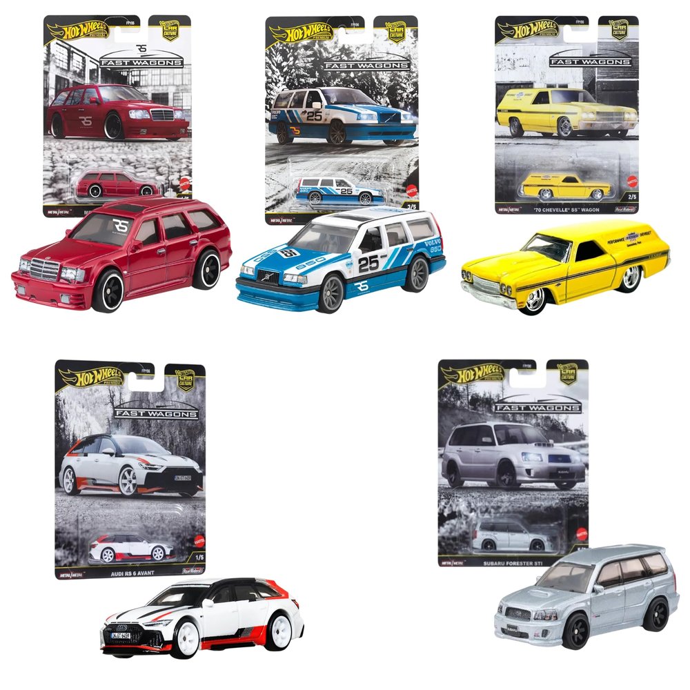 1:64 car Compatible with Hot Wheels Car Culture Fast Wagons Complete 5-Car Set | Premium Real Riders | Audi RS 6 Avant, 70 Chevelle SS Wagon, Volvo 850, Subaru Forester, Mercedes-Benz 300