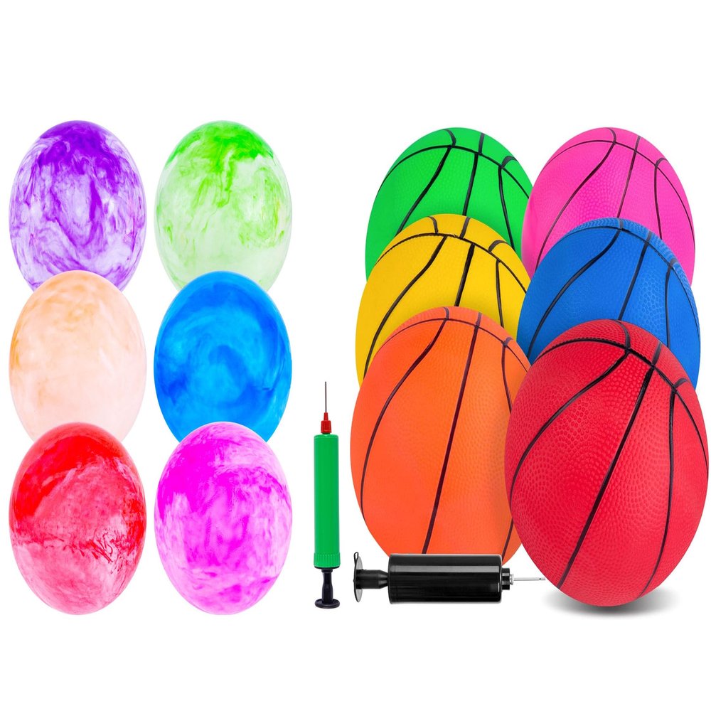 3 otters 12-Piece Ball Set with Pump, 6 Mini 7.5 Inch Basketballs and 6 Large 8.5 Inch Playground Balls for Kids Indoor Outdoor Sports