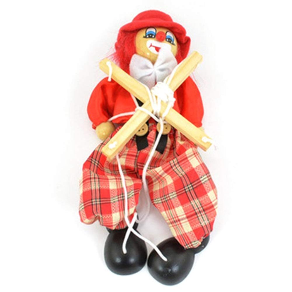 Stylebest Funny Clown Pull String Puppet, Wooden Marionette Handcraft Toys with Moving Arms and Legs, for Kids Gifts Christmas Ornament Baby Toy (Red)