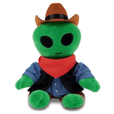 DolliBu Green Alien Stuffed Animal Cowboy Plush with Name Personalization - Western-Themed Bear Plush with Cute Cowboy Costume Denim Shirt Vest, Bandana, Leather Pants, and Hat - 6 Inch