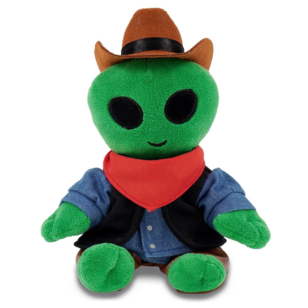 DolliBu Green Alien Stuffed Animal Cowboy Plush with Name Personalization - Western-Themed Bear Plush with Cute Cowboy Costume Denim Shirt Vest, Bandana, Leather Pants, and Hat - 6 Inch