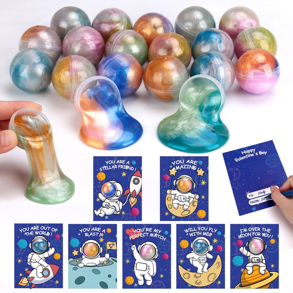 28 Pack Valentines Day Gifts for Kids, Galaxy Slime Greeting Cards - Stress Relief Fidget Toys for Party Favors Classroom Prizes Exchange Space Themed Birthday Supplies
