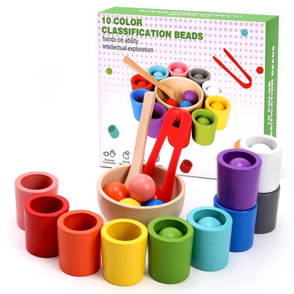 ASFHJP 10 PCS Rainbow Balls in Cups, Wood Classification Cup Game, Rainbow Sorting Balls with Spoon and Tongs, Preschool Learning Educational Montessori Matching Games for 3+ Year Old