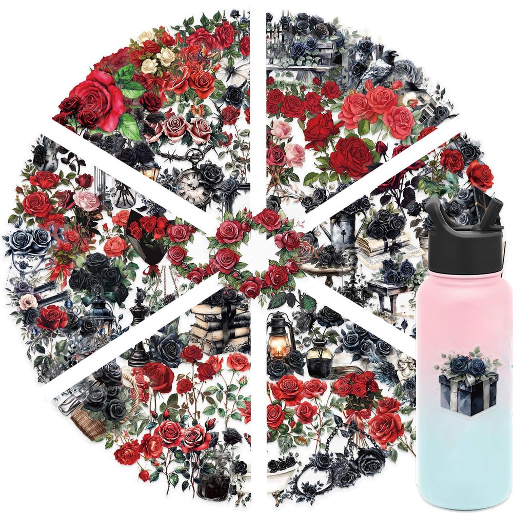 100Pcs Dark Red Rose Transparent PET Stickers Pack,Aesthetic Flower Decor Gifts for Kids Teens Adults Waterproof Vinyl PET Nature Stickers for Scrapbook Party Favors (Rose-100)