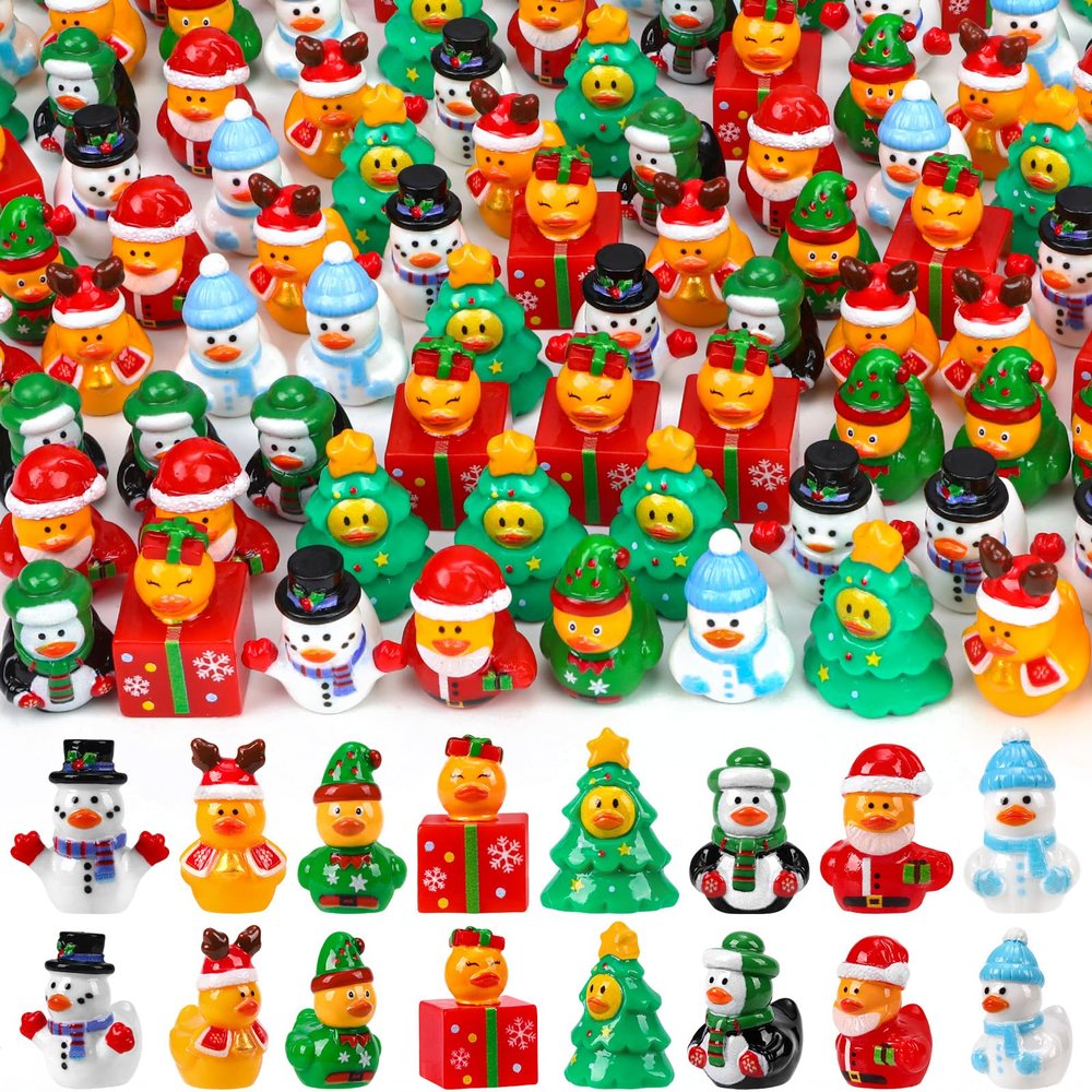 120Pcs Christmas Mini Ducks 8 Style Miniature Resin Ducks Bulk Xmas Tree Snowman Santa Reindeer Elf Gift Box Duck Figurines for Christmas Holiday Party Gifts Stocking Fillers Dollhouse Decorations