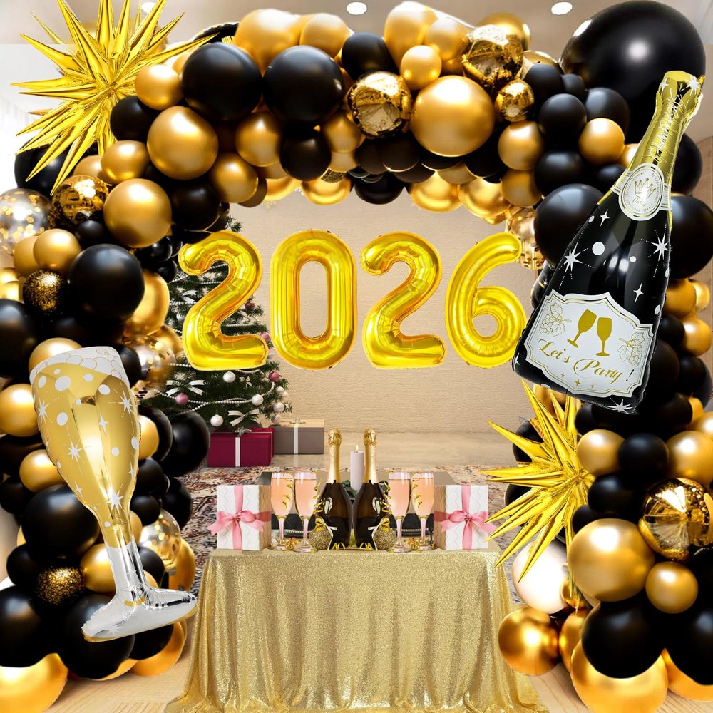 106 Pcs Gold Happy New Year Balloons, Huge Black Gold Champagne Bottle Goblet Aluminum Foil Balloons for New Years Eve Party Decorations Supplies Nye Decorations 2026