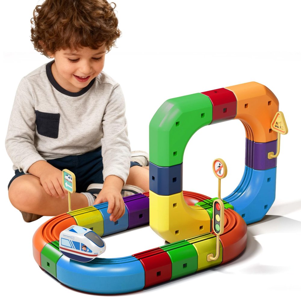 Electric Train Set Flexible Race Track,DIY Race Car Track Building Kits with Train and Traffic Signs,STEM Educational Toys for Ages 4-8 (51PCS with One Car)