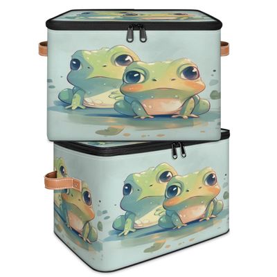 Aglebo Cute Cartoon Frogs Foldable Storage Bins with Zipper Lids Collapsible Clothes Storage Basket Toy Cube Storage Bin for Bedroom Kitchen Bathroom Organizer 2 Pack
