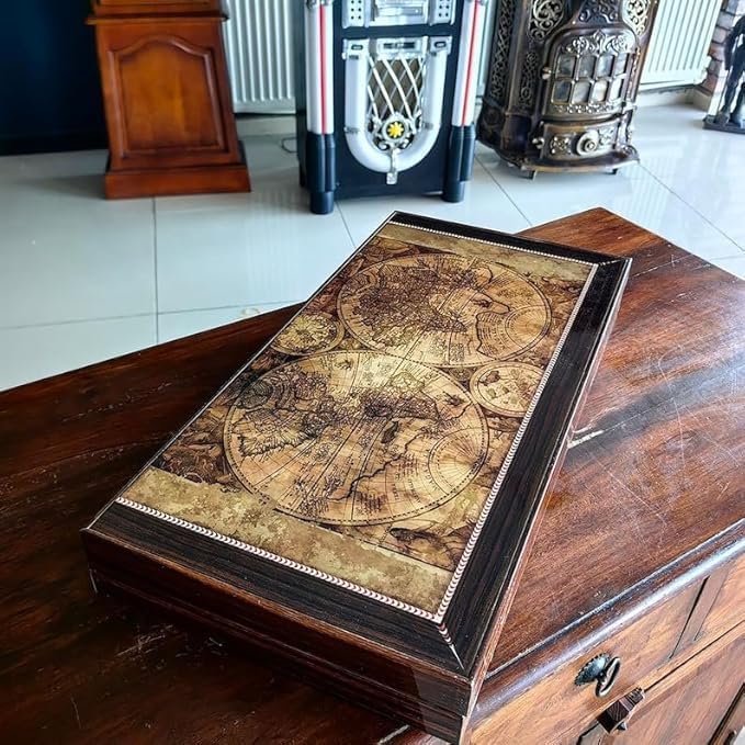 19.7" Handmade Wooden Backgammon Board | World Map Design | 3-in-1 Backgammon, Chess & Checkers | Luxury Gift for Father or Husband