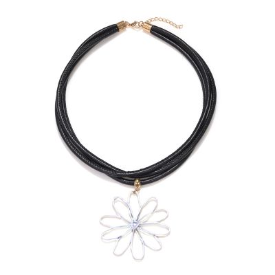 Vintage Multi-Layer PU Rope Splicing Oil Dripping Enamel Flower Pendant Necklace,white,48.2+7cm