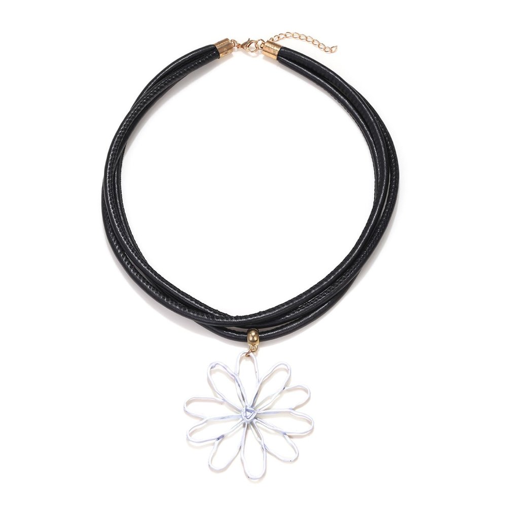 Vintage Multi-Layer PU Rope Splicing Oil Dripping Enamel Flower Pendant Necklace,white,48.2+7cm