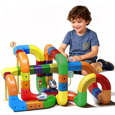 Electric Train Set Flexible Race Track,DIY Race Car Track Building Kits with Train and Traffic Signs,STEM Educational Toys for Ages 4-8  (123PCS with Three Cars)