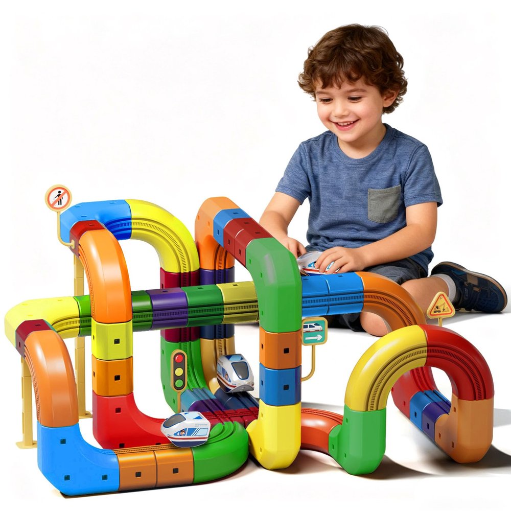 Electric Train Set Flexible Race Track,DIY Race Car Track Building Kits with Train and Traffic Signs,STEM Educational Toys for Ages 4-8  (123PCS with Three Cars)