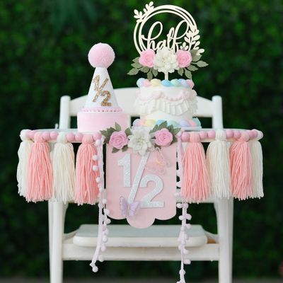 1/2 Birthday Decorations Pink Flower Half Way To One Baby Girl Decoration Half Birthday Hat cake Topper,6 Month Pastel Chair Banner,Happy Half Year Party Photoshoot Props