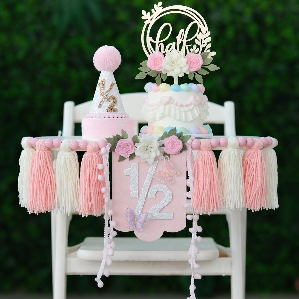 1/2 Birthday Decorations Pink Flower Half Way To One Baby Girl Decoration Half Birthday Hat cake Topper,6 Month Pastel Chair Banner,Happy Half Year Party Photoshoot Props
