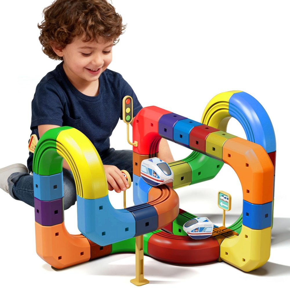 Electric Train Set Flexible Race Track,DIY Race Car Track Building Kits with Train and Traffic Signs,STEM Educational Toys for Ages 4-8  (81PCS with Two Cars)
