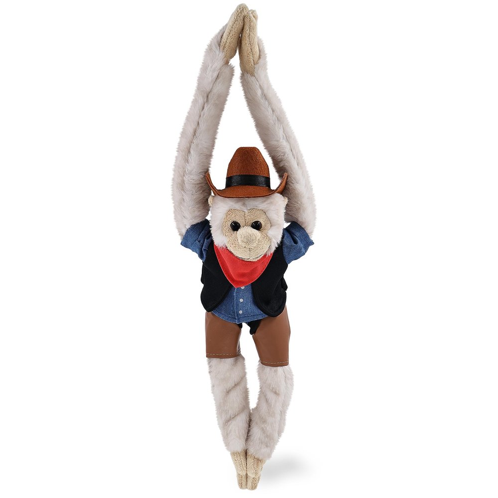 DolliBu White Squirrel Monkey Stuffed Animal Cowboy Plush with Name Personalization - Western-Themed Monkey Plush with Cute Cowboy Costume Denim Shirt Vest, Bandana, Leather Pants, and Hat - 21 Inches