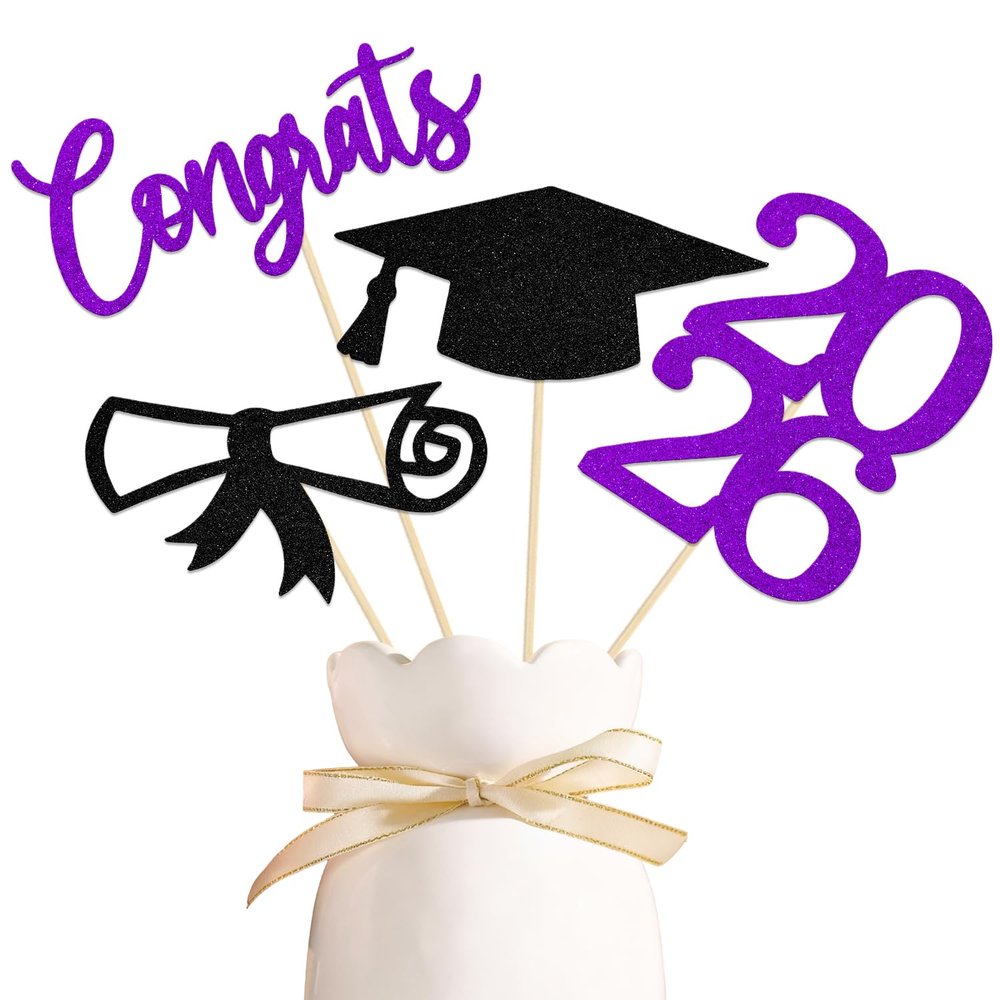 12Pcs 2026 Graduation Centerpiece Sticks,Class of 2026 Table Toppers for Graduation Decorations,Graduation Party Centerpieces for Tables Purple Black Glitter