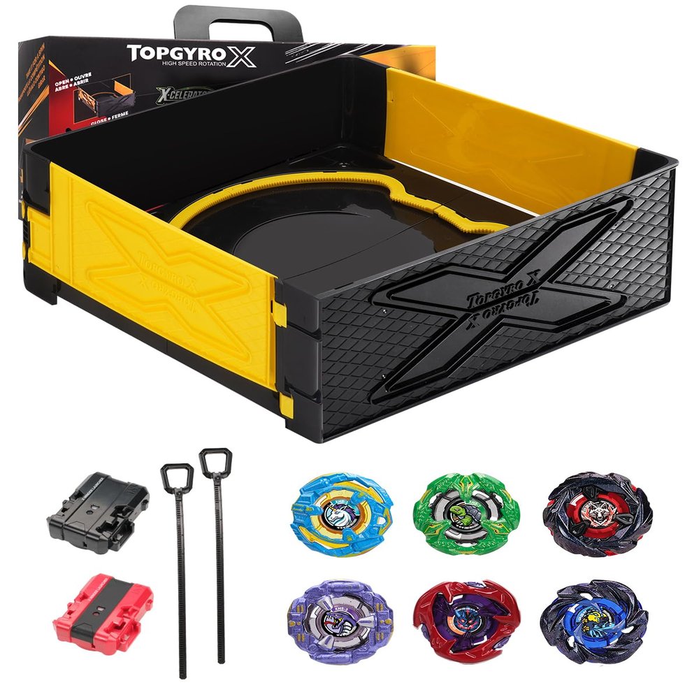 BGOVTAPO Foldable Portable X Stadium Arena with Carry Handle, Yellow Battle Stadium with 6 X Gyro Tops & 2 Launchers, Travel Toy Gift for Kids Ages 6+