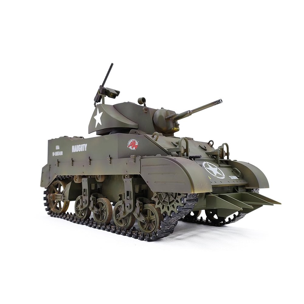RC Tank Car, 1:16 Scale US M5A1 Stuart 2.4G Full Proportional Light RC Military Tank with Smoke, Sound & Light Effects, Dual-Speed Modes, Collectible Model & Gift for Adults (Two Batteries)
