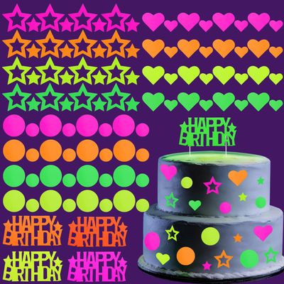 101 Pcs Neon Cake Decorations Cake Toppers Glow in the Dark Party Supplies Happy Birthday Toppers for UV Parties Neon Birthday Decorations Halloween