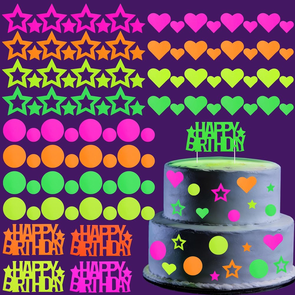 101 Pcs Neon Cake Decorations Cake Toppers Glow in the Dark Party Supplies Happy Birthday Toppers for UV Parties Neon Birthday Decorations Halloween