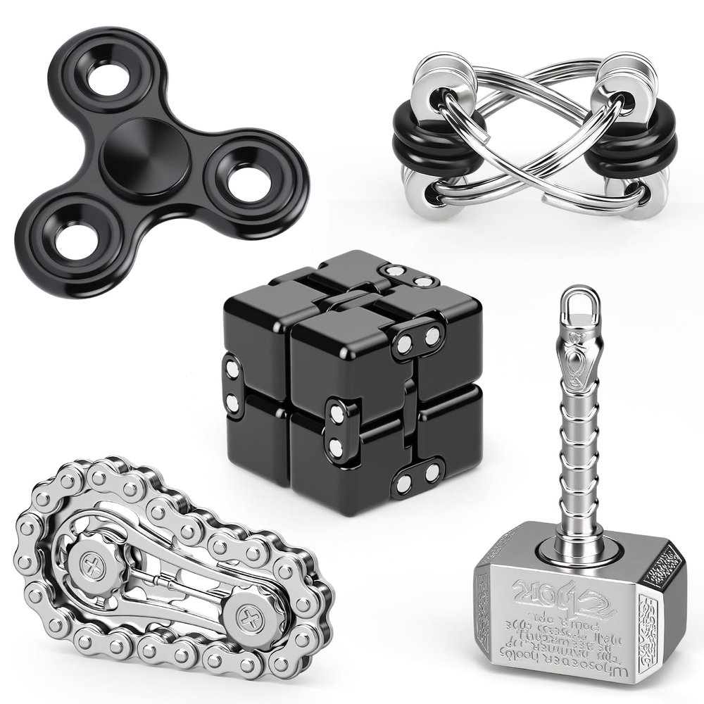 5 Pack Metal Fidget Toys Set, Gear Chain, Hand Hammer & Infinity Cube, Stress Relief Sensory Fidget Toys for Kids Adults, Focus Toy Gift for Boys Girls, Cool Desk Toy for Classroom Office