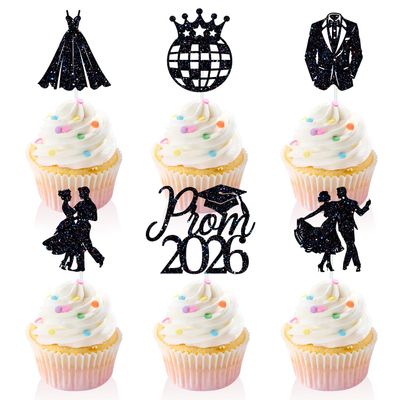 18 PCS Prom 2026 Cupcake Toppers, Congrats Grad Cupcake Decor, Prom Night 2026, Class of 2026 Senior High School Prom Graduation Party Decorations Supplies Black Glitter