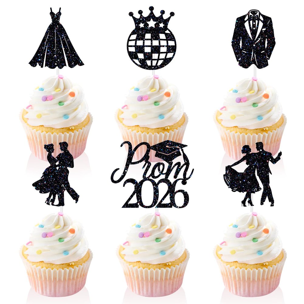 18 PCS Prom 2026 Cupcake Toppers, Congrats Grad Cupcake Decor, Prom Night 2026, Class of 2026 Senior High School Prom Graduation Party Decorations Supplies Black Glitter