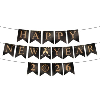 2026 Happy New Year Banner, Black & Gold New Year Eve Decorations Holiday Hanging Bunting Banner Festival Party Supplies Photo Booth Backdrop Home Decor