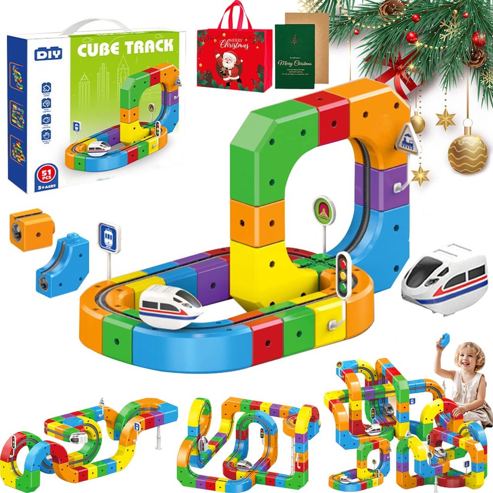 3D Infinity Track, Infinity Racer 3D Train, 3D Train Routes with Mix-and-Match Stem Cubes, Anti-Gravity Magnetic Train Track Set, DIY Modular Clip-Fit Tracks, Build Uphill, Loop 360 (51Pcs+1Car)