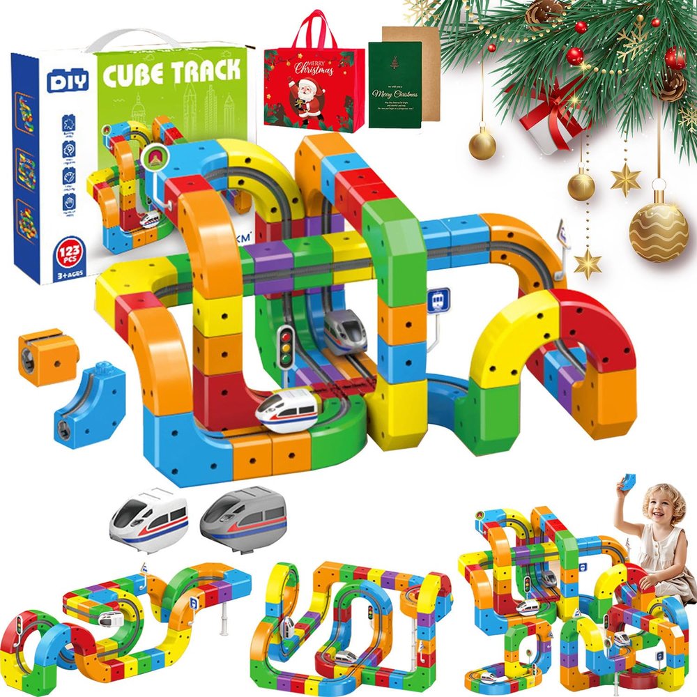 3D Infinity Track, Infinity Racer 3D Train, 3D Train Routes with Mix-and-Match Stem Cubes, Anti-Gravity Magnetic Train Track Set, DIY Modular Clip-Fit Tracks, Build Uphill, Loop 360 (123Pcs+2Cars)