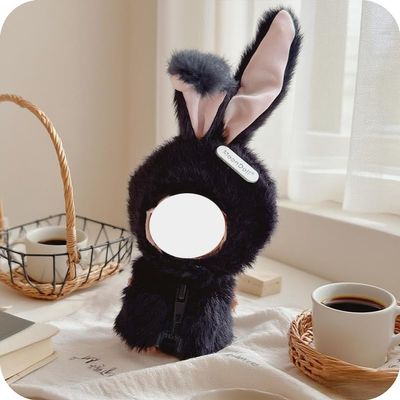 Doll Plush Bunny Doll Accessory, Black Fluffy Rabbit Costume with Pink Ears, Soft Furry Character Outfit, 17cm Small Size