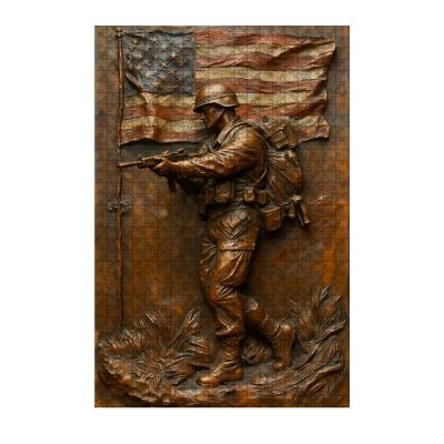 1000 Piece 2D Flat Vintage Soldier with American Flag Metal Tin Sign Patriotic Military Tribute Wall Art for Home Office Man Cave Metal Decor 29.5x19.7 Inch