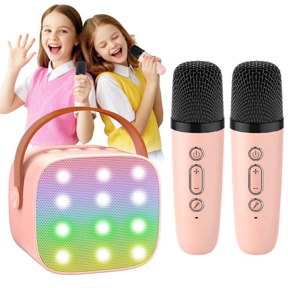 Mini Karaoke Machine for Kids, 2025 TOP Toys Christmas Birthday Xmas Gifts Ideas for Girls,Kids Karaoke Machine for Girls 8-12 Portable Bluetooth Speaker with 2 Wireless Microphones Toy for Kids 4-12