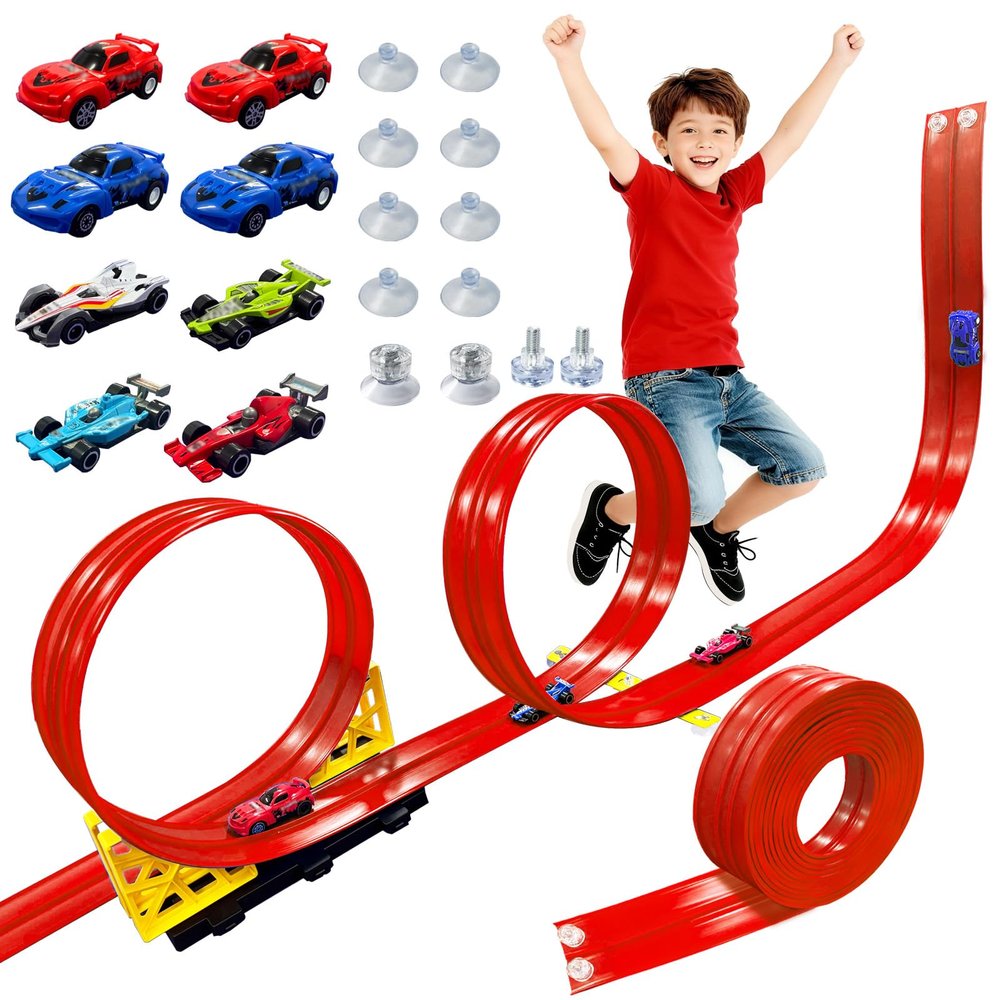 16.5 Ft Flexible Race Track with Support Compatible with Hot Whels 1/64 Cars, Toddle Kids Toys Christmas Birthday Gifts Party Favors for Boys Girls Grandkids Age 2 3 4 5 6 7 8 (Red)