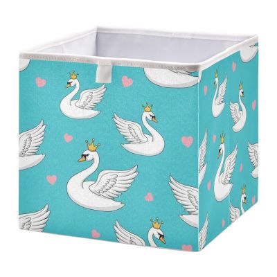 DOMIKING Swans Hearts Blue Pattern Storage Baskets for Shelves Foldable Collapsible Storage Box Bins with Fabric Bins Cube Toys Organizers for Pantry Bathroom Baby Cloth Nursery,11 x 11inch