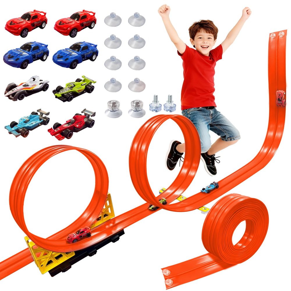 16.5 Ft Flexible Race Track with Support Compatible with Hot Whels 1/64 Cars, Toddle Kids Toys Christmas Birthday Gifts Party Favors for Boys Girls Grandkids Age 2 3 4 5 6 7 8 (Orange)
