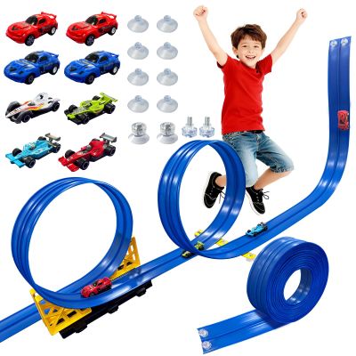 16.5 Ft Flexible Race Track for Kids - Compatible with Hot Wheels Track Sets 1/64 Diecast Cars, Includes 8 Racing Cars &Suction Cup Gravity Ramp - DIY Portable Track Toy, Gift for Boys Girls 3-8, Blue