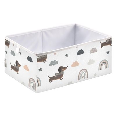 White Dachshund Dog Pattern Storage Baskets for Shelves Foldable Collapsible Storage Box Bins with Fabric Bins Cube Toys Organizers for Pantry Organizing Shelf Nursery Home Closet,16 x 11inch