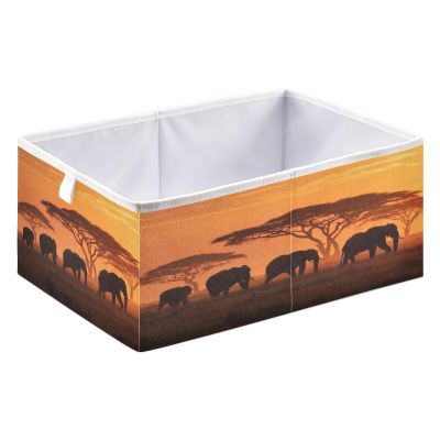 African Elephants Trees Orange Print Storage Baskets for Shelves Foldable Collapsible Storage Box Bins with Closet Organizers Cubes Decorative for Organizing Shelf Nursery Home Closet,16 x 11inch