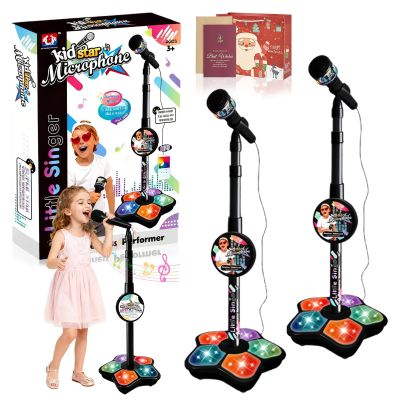 The All-in-One Microphone Toy, Funny Kids Microphone with Adjustable Stand, Speaker & Colorful LED, Multi-Functional Karaoke Microphone Toy for Boys & Girls, Gifts for Little Singers (2-Black)