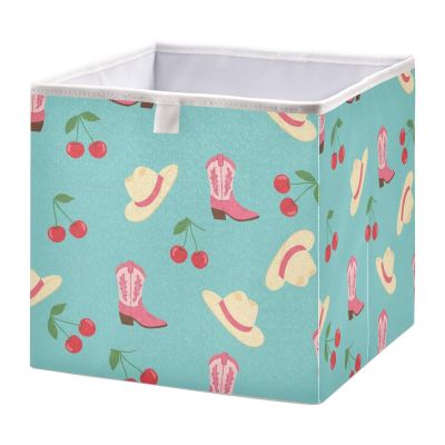 DOMIKING Boot Western Hat Blue Print Storage Baskets for Shelves Foldable Collapsible Storage Box Bins with Closet Organizers Cubes Decorative for Pantry Clothes Storage Books Home Office,11 x 11inch